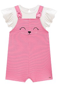 Conjunto baby de Body em Cotton e Jardineira em Moletom Relevo Kukiê Rosa