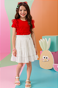 Conjunto Vermelho Kukiê Blusa em Cotton E Saia Em Tule