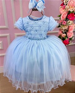 Vestido De Festa Infantil Azul Flores Babado