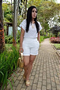 Blusa Crepe Sabiá Branca com Nervuras nas Mangas Estampa Exclusiva