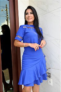 Saia Crepe Azul Bic Média com Babado e Corte Assimétrico