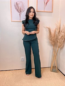 Calça Alfaiataria Verde Bosque Pantalona Cós Largo na Frente Nervuras Largas nos Bolsos