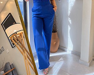 Calça Alfaiataria Azul Bic com Bolsos Frontais e Bolsos Traseiros com Nervuras e Elástico no Cós Atrás