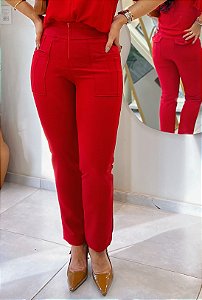 Calça Alfaiataria Vermelha Reta com Zíper Frontal Bolsos Verdugos Frente com Nervuras e Bolsos Traseiros com Lapela e N