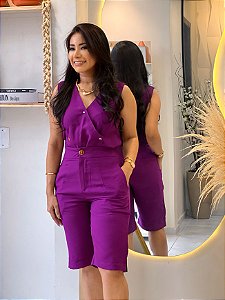 Bermuda Visco Trench Roxa Bermuda Zíper Frontal, Bolso Verdugo E Elástico Atrás