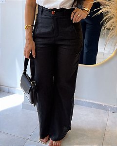 Calça Linho Preto Pantalona Com Bolsos Verdugos Assimétrico Frente, Bolsos Verdugos Atrás E Elástico Na Cintura