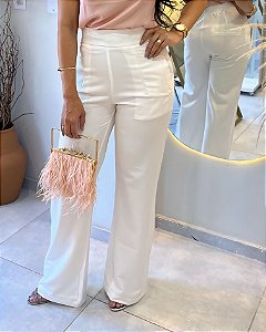 Calça Alfaiataria Mônaco  Off White Pantalona Com Bolsos Verdugos Frente E Atrás, Elástico Na Cintura