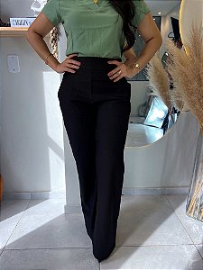 Calça Alfaiataria Mônaco Preto Pantalona Com Bolsos Verdugos Frente E Atrás, Elástico Na Cintura