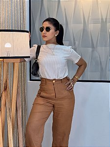 Blusa Tricoline Listras Natural e Branca Manga Curta Gola Redonda