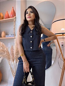 Blusa Alfaiataria Two-Way Azul Marinho Estilo Colete Com Botões Prateados Na Frente