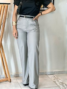 Calça Algodão Fendi Pantalona com Cintura Alta com Passantes Bolsos Frontais e Bolsos Traseiros Verdugos Funcionais Cem