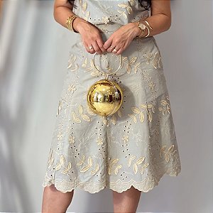 Saia Algodão Bordado Verde Menta Com Recortes Evasê E Acabamento Bordado Na Barra, Zíper Atrás