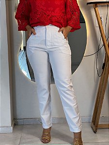 Calça Alfaiataria Branca Reta Com Abertura Frente, Bolsos Frente E Atrás