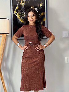 Vestido Malha Tweed Vinho Dourado Comprimento Midi Com Fendas Laterais
