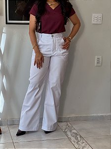 Calça Algodão Branca Pantalona com Cintura Alta com Passantes Bolsos Frontais e Bolsos Traseiros Verdugos Funcionais Cem