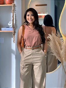 Blusa Viscose Rosa Chá Cavada Com Leve Decote V