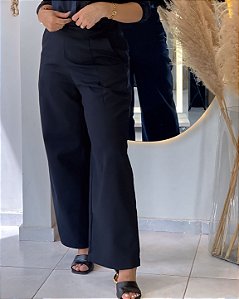 Calça Brim Algodão Azul Noite Pantalona Evasê Com Passantes E Bolsos Frente