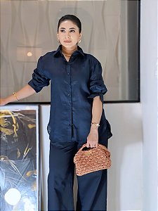 Camisa Linho Azul Marinho Oversized, Com Botões, Gola E Punho Largo