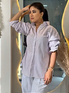 Camisa Tricoline Listras Lavanda Oversized, Com Botões, Gola E Punho Largo