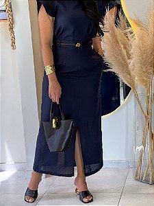 Saia Linho Azul Marinho Longa Com Bolsos, Fenda Frontal E Traseiro, Elástico Atrás E Passantes