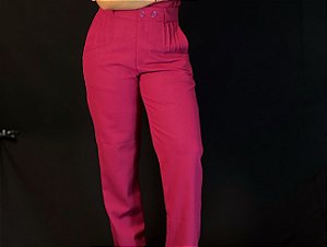 Calça Linho Misto Fuccia Reta, Fecho Com 2 Botões E Nervuras Na Frente, Bolsos Frente E Traseiro, Elástico Cós Atrás