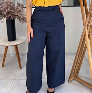 Calça Alfaiataria Azul Marinho Pantalona Evasê Com Passantes E Bolsos Frente