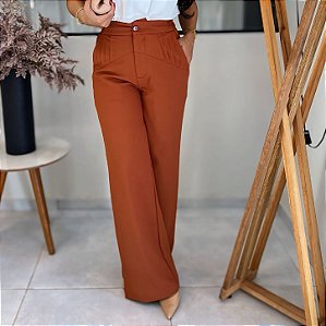 Calça Alfaiataria Telha Pantalona Cós Reto, Elásticos Laterais, Nervuras E Bolsos Frontais, Zíper Na Frente