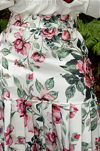 Saia Luzy Estampada Fundo Off-White com Pregas na Barra