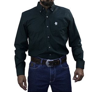 Camisa Manga Longa Sacudido's Masculina - Xadrez Preto e Verde