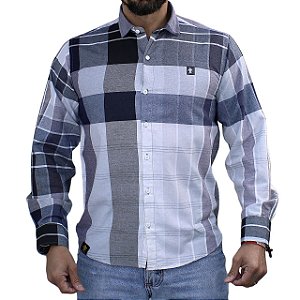 Camisa Manga Longa Sacudido's Masculina - Xadrez Cinza Preto e Azul