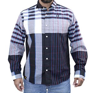 Camisa Manga Longa Sacudido's Masculina - Xadrez Menor e Gola Preta