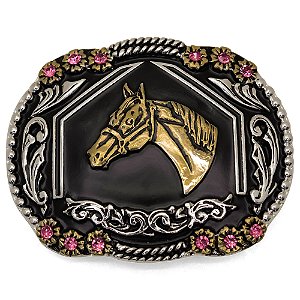 Fivela Cinto Sacudido´s - Cavalo - Prata Detalhes Rosa