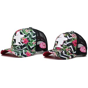 Kit Bonés Mãe e Filha Trucker Floral Preto e Rosa