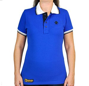 Camiseta Polo Feminina Sacudido's Elastano - Azul e Gola Branca