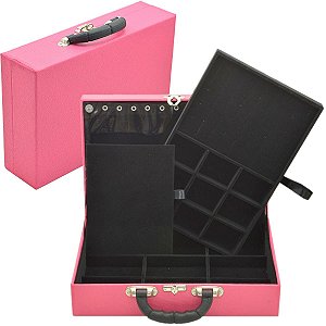 Maleta de Joias Dupla Grande 35 x 23,5 x 9,5 cm - Com Espelho Rosa com Preto