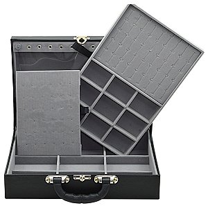 Maleta de Joias Dupla Grande 35 x 23,5 x 9,5 cm - Com Espelho Preto com Cinza