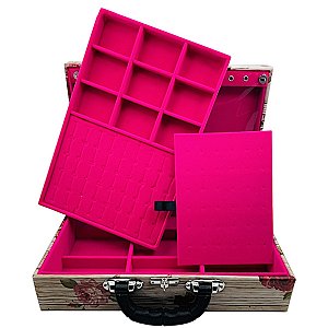 Maleta de Joias Dupla Grande 35 x 23,5 x 9,5 cm - Com Espelho Floral com Pink