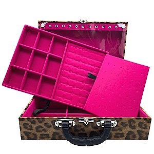 Maleta de Joias Dupla Grande 35 x 23,5 x 9,5 cm - Com Espelho Onça com Pink