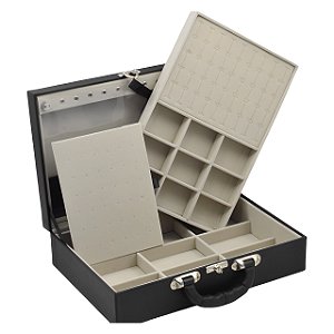 Maleta de Joias Dupla Grande 35 x 23,5 x 9,5 cm - Com Espelho Preto com Off-white