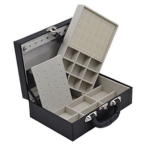 Maleta de Joias Dupla Media 28 x 19 x 9,5 cm - Com Espelho Preto com Off-White