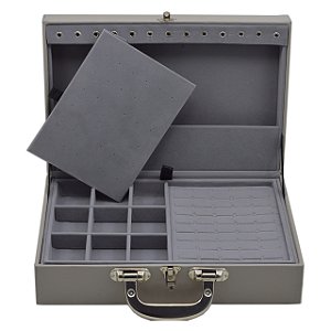 Maleta de Joias Dupla Grande 35 x 23,5 x 9,5 cm - Alça cromada Corino Cinza com Cinza