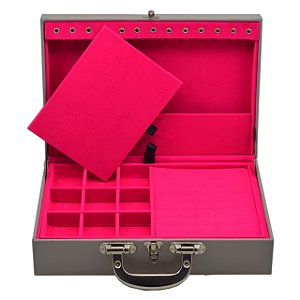 Maleta de Joias Dupla Grande 35 x 23,5 x 9,5 cm - Alça cromada Corino Cinza com Pink