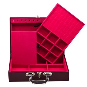 Maleta de Joias Dupla Grande 35 x 23,5 x 9,5 cm - Alça cromada Corino Vinho com Pink