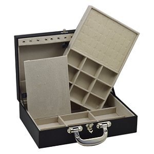 Maleta de Joias Dupla Grande 35 x 23,5 x 9,5 cm - Alça cromada Corino Preto com Suede Areia