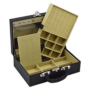 Maleta de Joias Dupla Média -  28cm x 9cm x 19cm - Preta com Bege