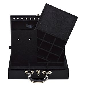 Maleta de Joias Dupla Grande 35 x 23,5 x 9,5 cm - Alça cromada Corino Preto com Suede Preto