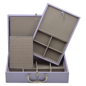 Maleta de Joias Dupla Grande 35 x 23,5 x 9,5 cm - Alça cromada Corino Roxo com Cinza com Espelho