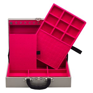 Maleta de Joias Dupla Grande 35 x 23,5 x 9,5 cm - Corino OFF WHITE com Pink