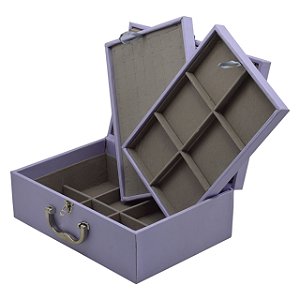 Maleta de Joias Tripla Grande 35cm x 24cm x 12cm Corino Roxo com Cinza