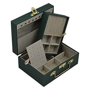 Maleta para joias Dupla Pequena 20 x 15,5 x 9 cm com dobradiça - Verde Militar com Suede Areia